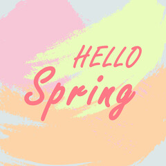 lettering hello spring. Quote of the beginning of the new spring season in bright colors, catching greetings. Lettering banner for greeting cards