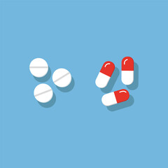 medical white pills and red capsules in flat style. Medicine and health care concept, vector illustration on blue background