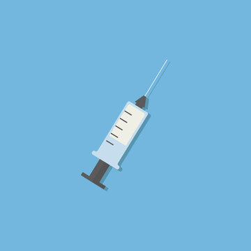 Medical syringe with a needle in a flat style. Injection, vaccination. Invasive medicine for the treatment of disease. Medicine and health care concept, vector illustration on blue background