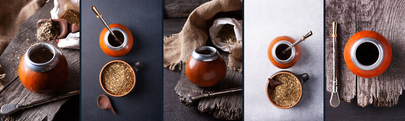 paraguayan drink tea mate, bombilla, calabas on dark background collage - obrazy, fototapety, plakaty