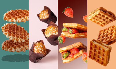 Viennese waffles, almond muffins, collage