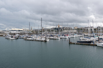 Fototapeta premium Sea boats parked in harbor. Boats in yacht club.