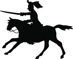 Silhouette of a horseman with a saber. The military cavalry is attacking. Soldier of the Napoleonic War