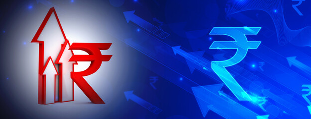 Business Up Arrow with Rupee sign. Indian Rupee growth concept. Rupee Market Success Concept. 3d rendering