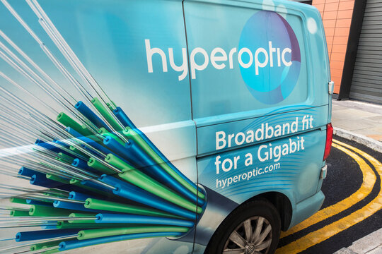 London, England, November 8th 2021:A Hyperoptic engineers van, displaying fibre optic logo and broadband fit for a gigabit. An internet service provider, using super fast fibre optic cables.