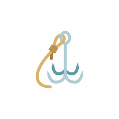 A climbing or boarding hook with a rope tied in a strong knot. Vector illustration in flat style.