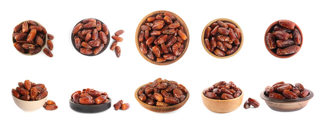 Set with tasty dried dates on white background. Banner design