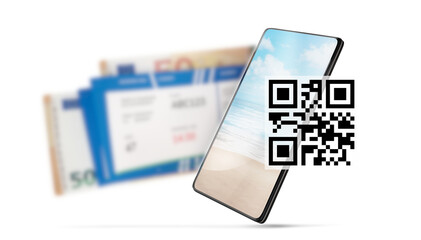 a QR-Code over a smart phone with beach screen and blurred flight tickets with european banknotes 3d-illustration
