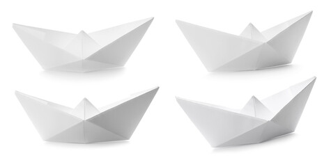 Set with paper boats on white background