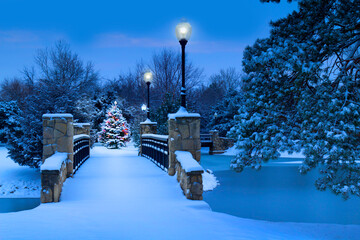 A beautiful scene of a brightly lit Christmas Tree glowing in the early morning light of this snowy classic park during the holiday season - 468670328
