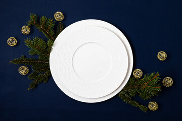 Festive christmas, wedding, birthday table setting with  porcelain plate. Mockup for place card, restaurant menu template. Copy space