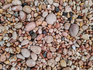 Multicolored sea pebbles, natural background. Close-up, top view