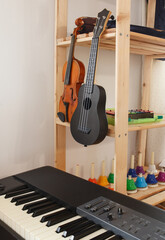 Shelf with musical instruments in montessori classroom
