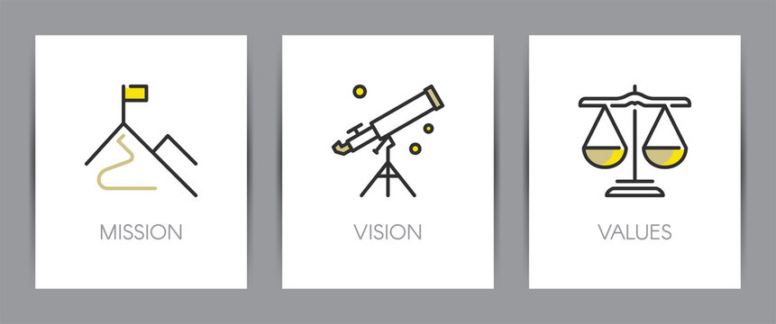 Mission, vision and values of company. Business concept. Web page template. Metaphors with icons.