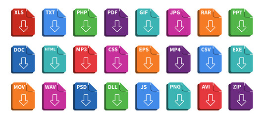 File download buttons for website. Different file extension collection. Vector signs