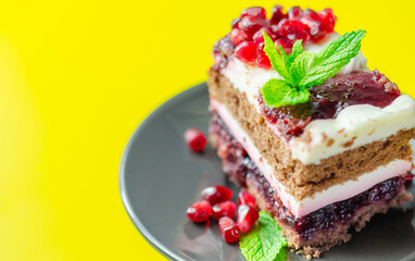 Colorful layered cream chocolate cake with cherry jam and pomegranate