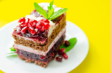 Colorful layered cream chocolate cake with cherry jam and pomegranate