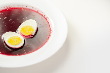 Beetroot red soup, borscht. Traditional Ukrainian, Polish or  Russian borscht with boiled egg