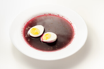 Beetroot red soup, borscht. Traditional Ukrainian, Polish or  Russian borscht with boiled egg