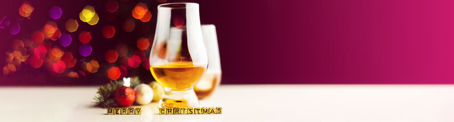 single malt  whisky in tasting glass on christmas background, colorful bokeh