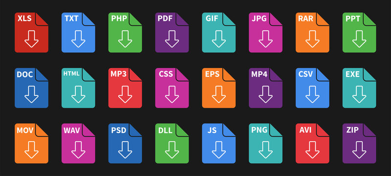 Different file extension download buttons isolated on dark background. File format icons