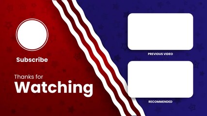 Animated end screen channel with thanks for watching, channel subscription, video recommendations, and animated stars on the red-blue background. Suitable for outro in vlog channel