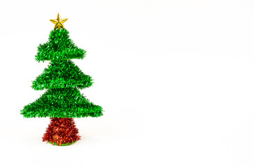 Christmas tree isolated on white background. Christmas shiny tinsel tree decoration, Merry Christmas and Happy New Year