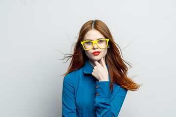 woman wearing yellow glasses red lips home fashion elegant style