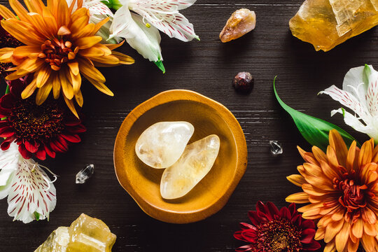 Bowl of Citrine with Autumn Stones and Flowers