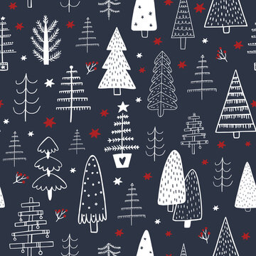 christmas seamless pattern with tree on dark blue background. winter holiday decoration, black andd blue christmas trees.