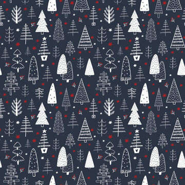 christmas seamless pattern with tree on dark blue background. winter holiday decoration, black andd blue christmas trees.