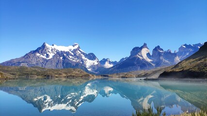 View of Cuernos del Paine and Lago Pehoe at Torres del Paine National Park in Chilean Patagonia.