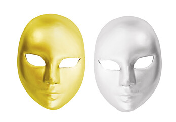 Old silver and gold mask isolated on white background.top view,flat lay.
