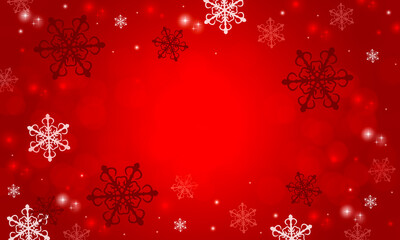 Red christmas lights background and falling snowflakes.