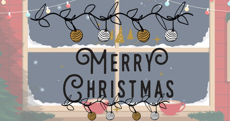 Image of merry christmas text over christmas decorations and window
