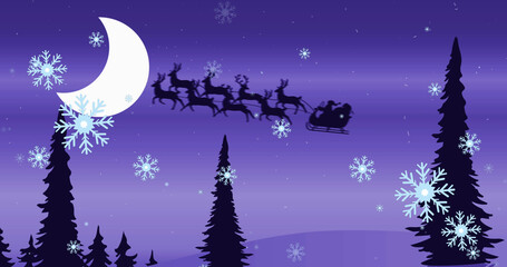 Image of santa in sleigh with reindeer over snow falling and winter landscape at christmas