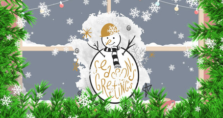 Image of season's greetings text over fir tree and window at christmas