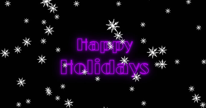 Image of happy holidays text over snow falling on black background at christmas