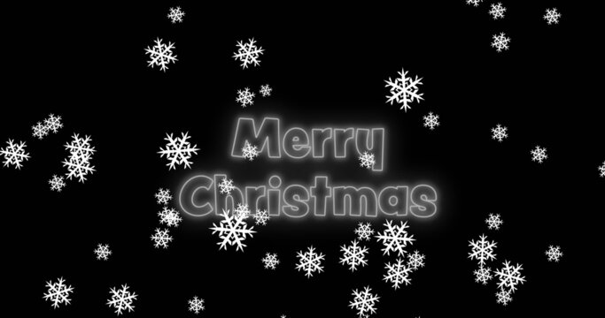 Image of merry christmas text over snow falling on black background