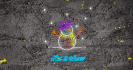 Image of let it snow and neon snowman text over falling lights