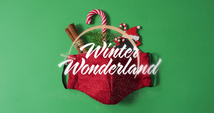 Image of winter wonderland text over face mask and christmas decoration