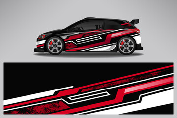 Obraz premium Car wrap design race livery vehicle vector. Graphic abstract stripe racing background kit designs for vehicle, race car, rally, adventure and livery