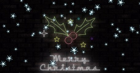 Image of merry christmas text over snow falling