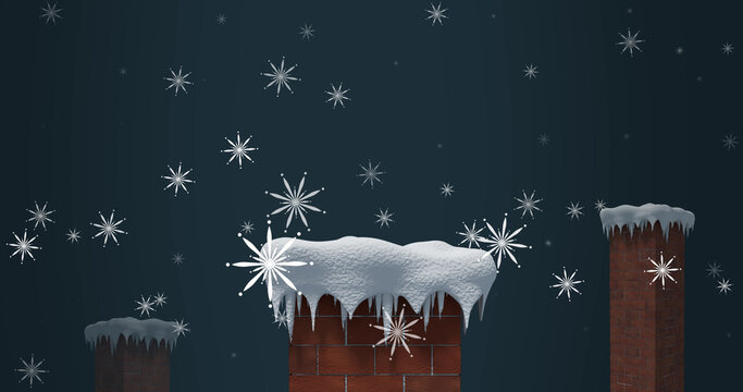 Image of snow falling at christmas over chimneys