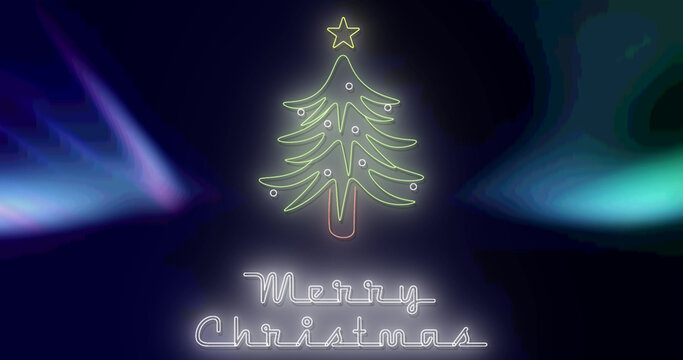 Image of merry christmas text over aurora and christmas tree