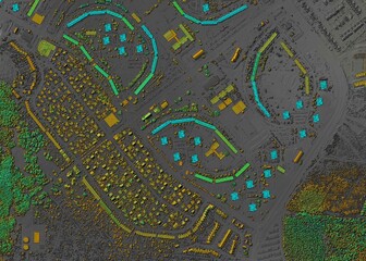 Digital elevation model. GIS 3D illustration made after proccesing aerial pictures taken from a drone. It shows lidar scanned, huge urban area of a city with roads and junctions between dense blocks
