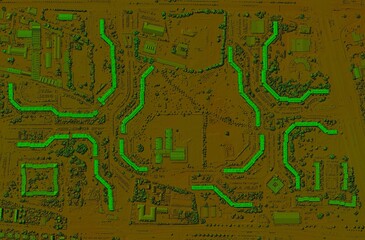 Digital elevation model. GIS 3D illustration made after proccesing aerial pictures taken from a drone. It shows lidar scanned, huge urban area of a city with roads and junctions between dense blocks