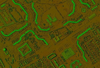 Digital elevation model. GIS 3D illustration made after proccesing aerial pictures taken from a drone. It shows lidar scanned, huge urban area of a city with roads and junctions between dense blocks