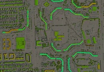 Digital elevation model. GIS 3D illustration made after proccesing aerial pictures taken from a drone. It shows lidar scanned, huge urban area of a city with roads and junctions between dense blocks