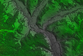 Digital elevation model. GIS 3D illustration made after proccesing aerial pictures taken from a drone. It shows the urban area of a scattered narrow village set in a valley